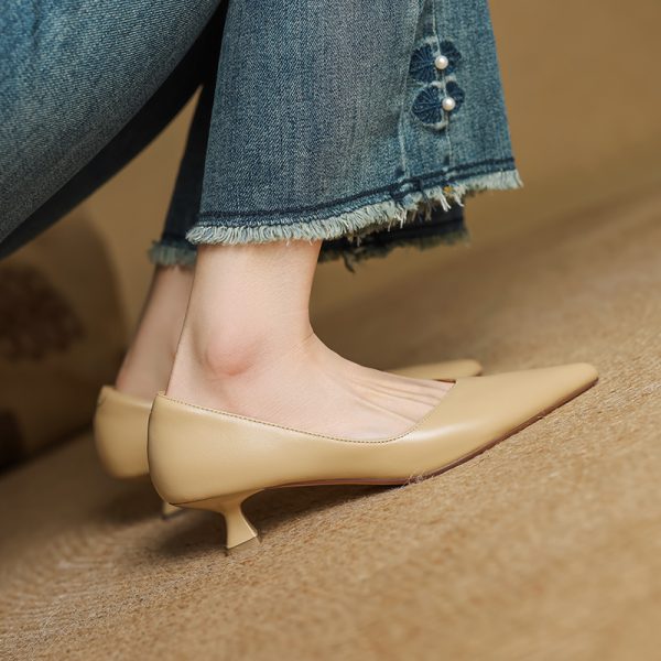 Pointed Toe Apricot Women's High Heels - Elegant Thin Heels for Spring 2025, Versatile Commuter Style, Genuine Leather