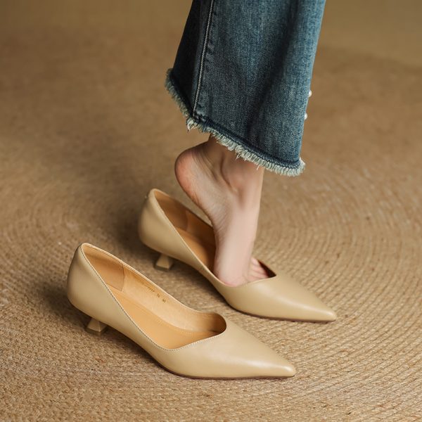 Pointed Toe Apricot Women's High Heels - Elegant Thin Heels for Spring 2025, Versatile Commuter Style, Genuine Leather