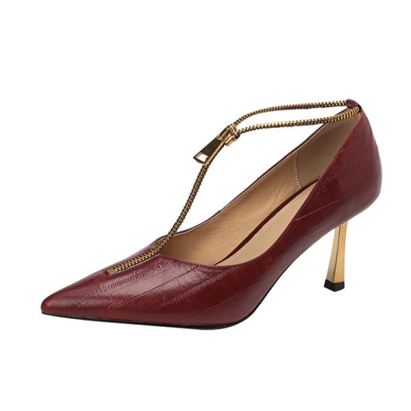 Pointed Toe French Genuine Leather T-Strap Zipper Stiletto Heels - Elegant Italian Design for Chic Style