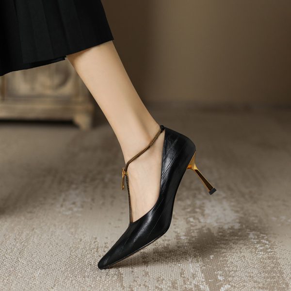 Pointed Toe French Genuine Leather T-Strap Zipper Stiletto Heels - Elegant Italian Design for Chic Style