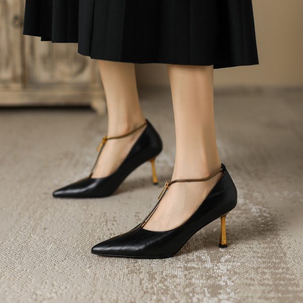 Pointed Toe French Genuine Leather T-Strap Zipper Stiletto Heels - Elegant Italian Design for Chic Style