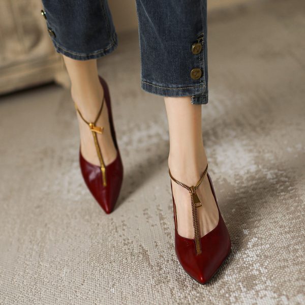 Pointed Toe French Genuine Leather T-Strap Zipper Stiletto Heels - Elegant Italian Design for Chic Style
