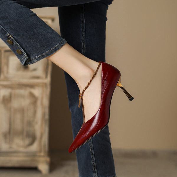 Pointed Toe French Genuine Leather T-Strap Zipper Stiletto Heels - Elegant Italian Design for Chic Style