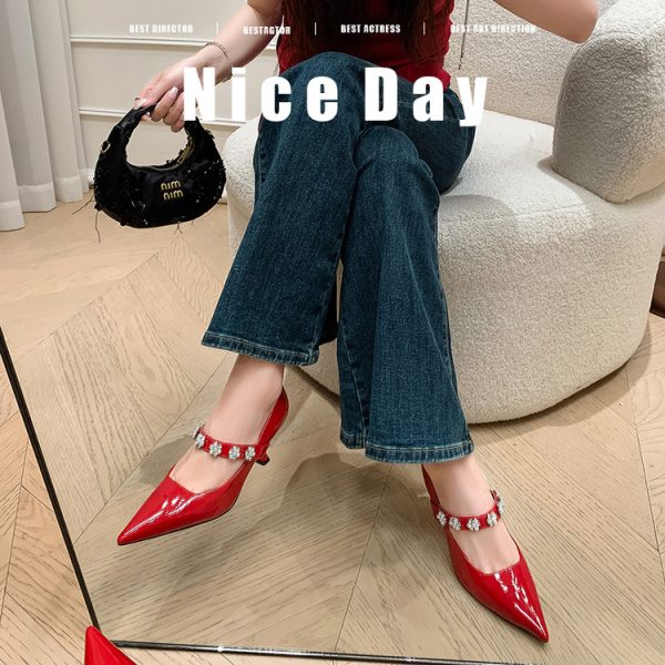 Pointed Toe Rhinestone Strap High Heels - Women's Fashionable Genuine Leather Mary Jane Shoes in Italian Style