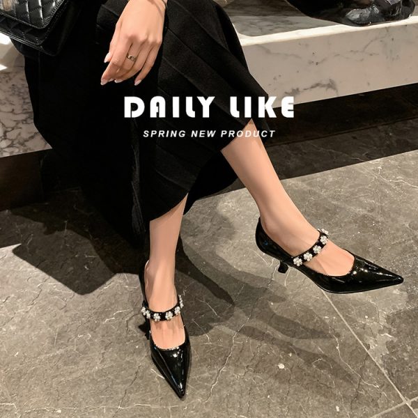 Pointed Toe Rhinestone Strap High Heels - Women's Fashionable Genuine Leather Mary Jane Shoes in Italian Style