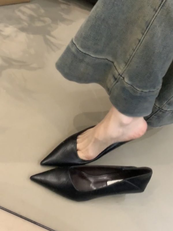Pointed Toe Sheepskin Black High Heels for Women - Stylish French Slip-On Kitten Heel Flats for Commuting and Versatile Wear