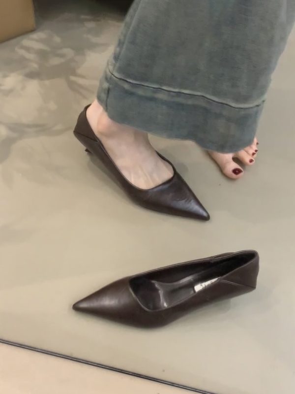Pointed Toe Sheepskin Black High Heels for Women - Stylish French Slip-On Kitten Heel Flats for Commuting and Versatile Wear
