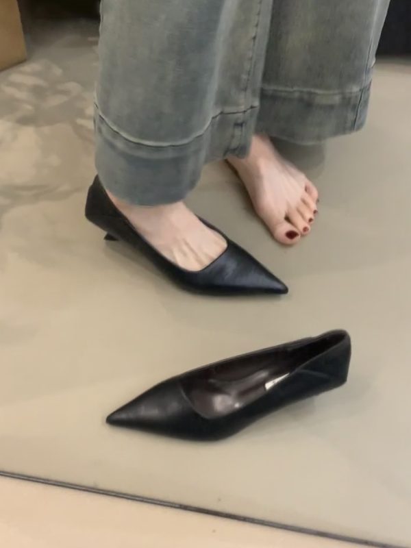 Pointed Toe Sheepskin Black High Heels for Women - Stylish French Slip-On Kitten Heel Flats for Commuting and Versatile Wear
