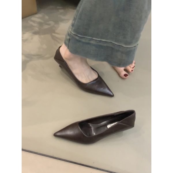 Pointed Toe Sheepskin Black High Heels for Women - Stylish French Slip-On Kitten Heel Flats for Commuting and Versatile Wear