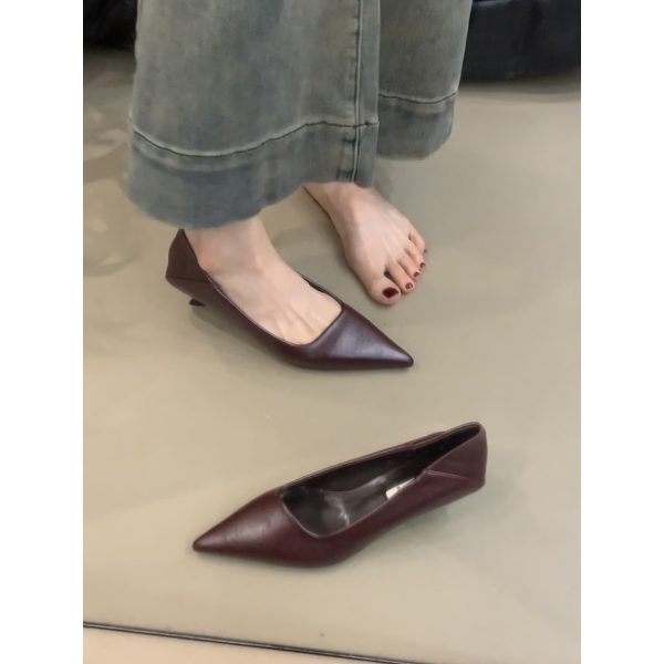 Pointed Toe Sheepskin Black High Heels for Women - Stylish French Slip-On Kitten Heel Flats for Commuting and Versatile Wear