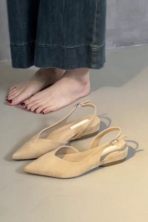 Pointed Toe Sheepskin Wedge Heeled Sandals for Women, French Minimalist Back Strap Evening Shoes, Chic Commuting Flats