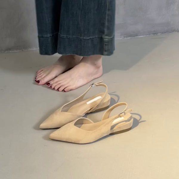 Pointed Toe Sheepskin Wedge Heeled Sandals for Women, French Minimalist Back Strap Evening Shoes, Chic Commuting Flats