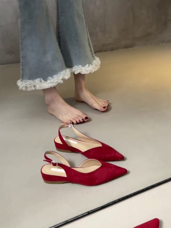Pointed Toe Sheepskin Wedge Heeled Sandals for Women, French Minimalist Back Strap Evening Shoes, Chic Commuting Flats