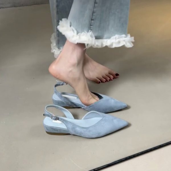 Pointed Toe Sheepskin Wedge Heeled Sandals for Women, French Minimalist Back Strap Evening Shoes, Chic Commuting Flats