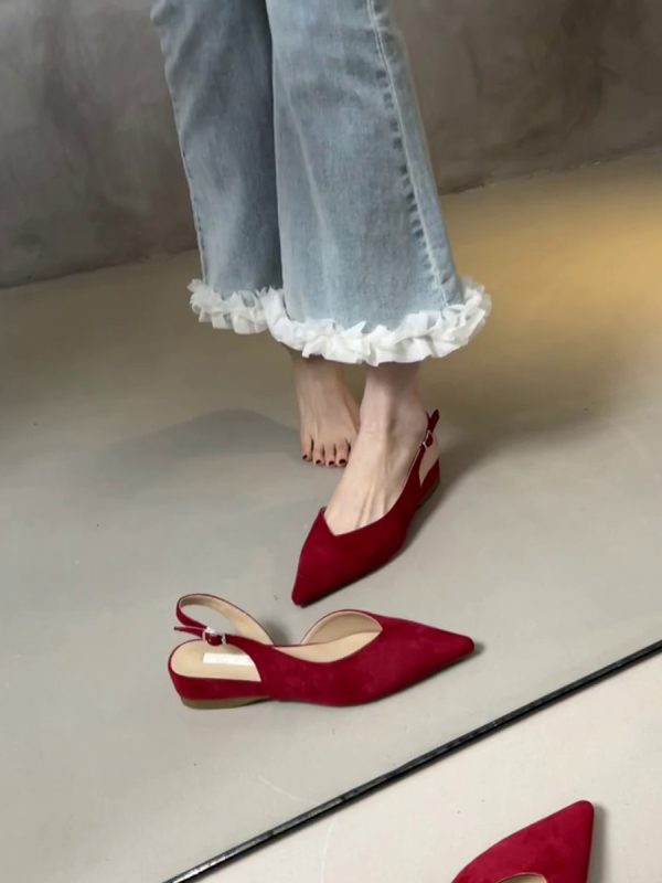 Pointed Toe Sheepskin Wedge Heeled Sandals for Women, French Minimalist Back Strap Evening Shoes, Chic Commuting Flats