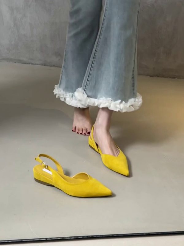 Pointed Toe Sheepskin Wedge Heeled Sandals for Women, French Minimalist Back Strap Evening Shoes, Chic Commuting Flats