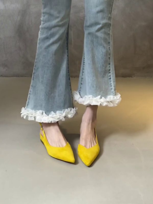 Pointed Toe Sheepskin Wedge Heeled Sandals for Women, French Minimalist Back Strap Evening Shoes, Chic Commuting Flats
