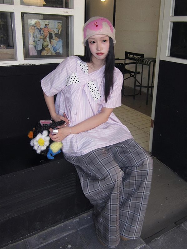 Polka Dot Bow Short Sleeve Shirt for Women - Pink Striped Blouse, French Sweet Top, Trendy Summer Fashion