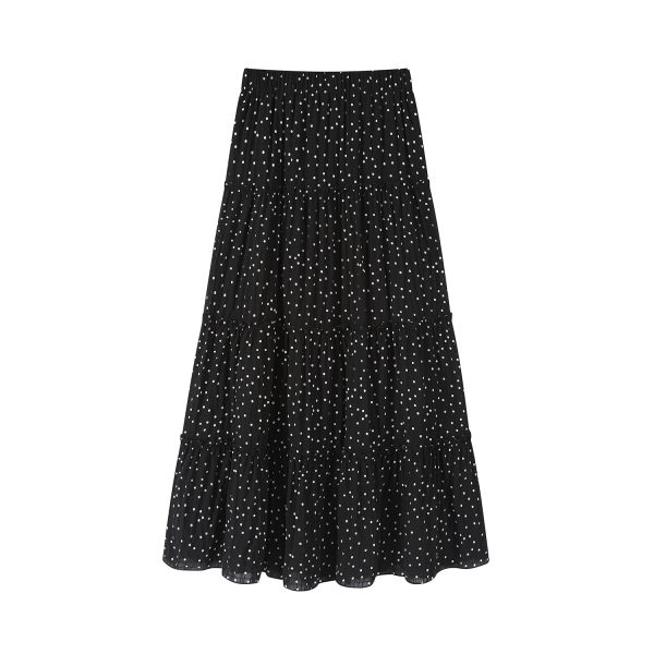 Polka Dot High-Waisted A-Line Long Skirt in Black - Flowy Summer Fashion, Y2K Style, Versatile for Any Occasion