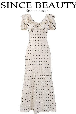 Polka Dot Print Ruffled V-Neck Puff Sleeve Dress for Women - Slimming Waist-Defining Long Dress, Perfect for 90s and Y2K Style