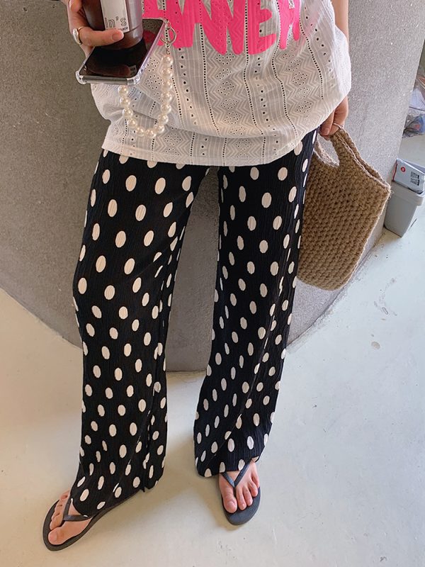 Polka Dot Wide-Leg Pants for Women, High-Waisted Summer Trousers, Loose Fit Casual Split Design, Trendy Fashion for Stylish Looks