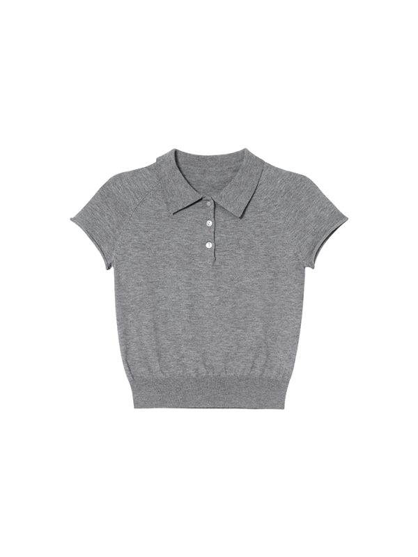 Polo Collar Raglan Sleeve Knitted Short Sleeve T-Shirt for Women - Slim Fit Summer 2025 Essential Top, Casual Chic Style