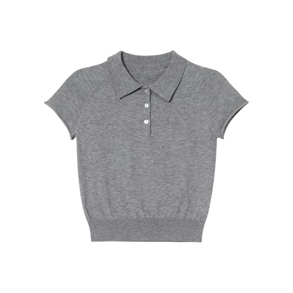 Polo Collar Raglan Sleeve Knitted Short Sleeve T-Shirt for Women - Slim Fit Summer 2025 Essential Top, Casual Chic Style