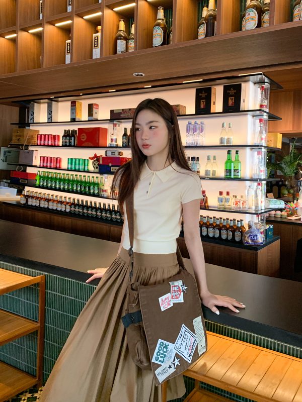 Polo Collar Raglan Sleeve Knitted Short Sleeve T-Shirt for Women - Slim Fit Summer 2025 Essential Top, Casual Chic Style