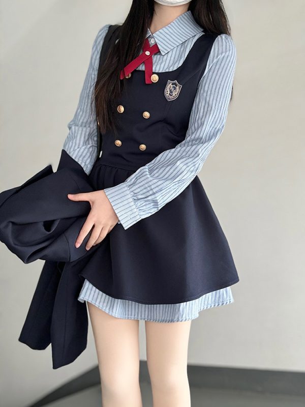 Pudding Bear JK Uniform Fake Two-Piece Shirt Dress - Waist-Cinching, Slimming Effect, College Style, Cute Short Set