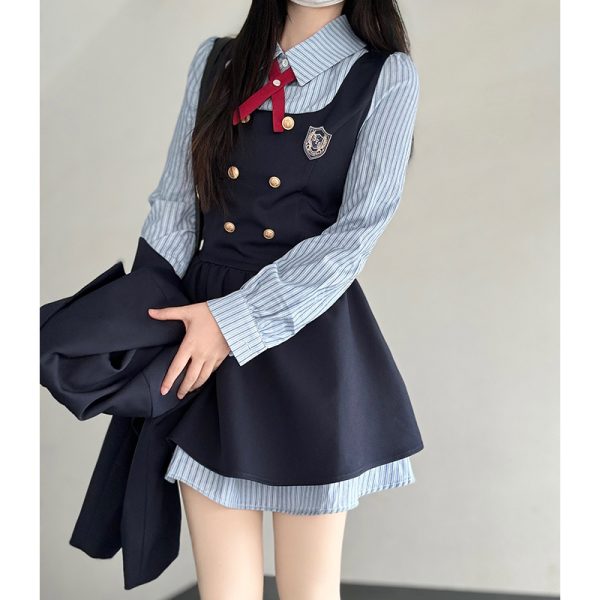 Pudding Bear JK Uniform Fake Two-Piece Shirt Dress - Waist-Cinching, Slimming Effect, College Style, Cute Short Set