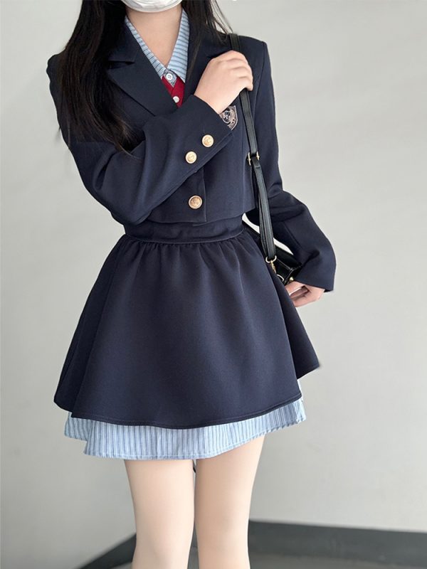 Pudding Bear JK Uniform Fake Two-Piece Shirt Dress - Waist-Cinching, Slimming Effect, College Style, Cute Short Set