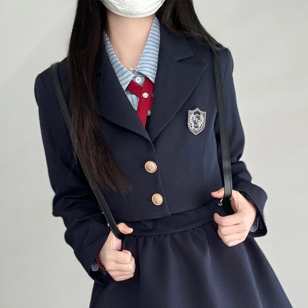 Pudding Bear JK Uniform Fake Two-Piece Shirt Dress - Waist-Cinching, Slimming Effect, College Style, Cute Short Set