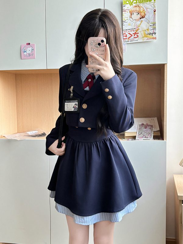 Pudding Bear JK Uniform Fake Two-Piece Shirt Dress - Waist-Cinching, Slimming Effect, College Style, Cute Short Set