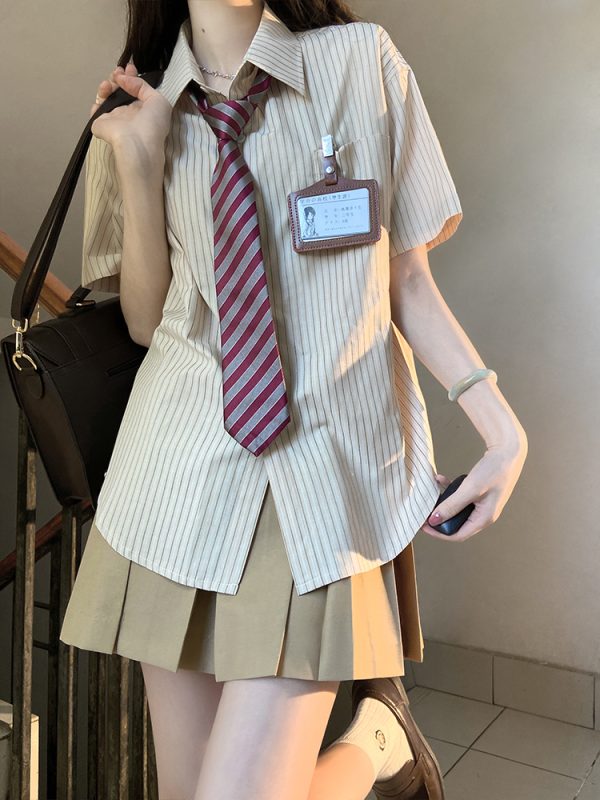 Pudding Bear Striped Long Sleeve JK Shirt Set for Women - Four-Piece Loose Short Sleeve Outfit, Cute Y2K Style