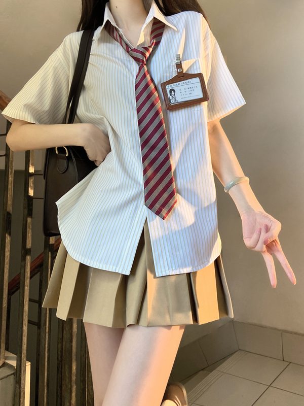 Pudding Bear Striped Long Sleeve JK Shirt Set for Women - Four-Piece Loose Short Sleeve Outfit, Cute Y2K Style