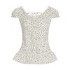 Puff Sleeve Lace-Trimmed Floral Shirt for Women - Cinched Waist Short Sleeve French Cardigan Style - Countryside Town Design
