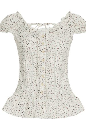Puff Sleeve Lace-Trimmed Floral Shirt for Women - Cinched Waist Short Sleeve French Cardigan Style - Countryside Town Design