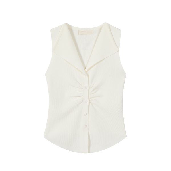 Pumpkin-Colored Sleeveless Knitted T-Shirt with Fitted Waist and Pleated Vest Detail for Women - Perfect for Fall Fashion