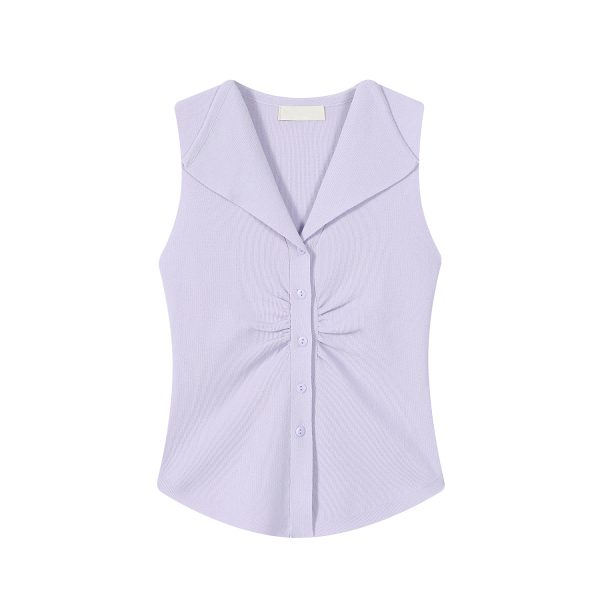 Pumpkin-Colored Sleeveless Knitted T-Shirt with Fitted Waist and Pleated Vest Detail for Women - Perfect for Fall Fashion