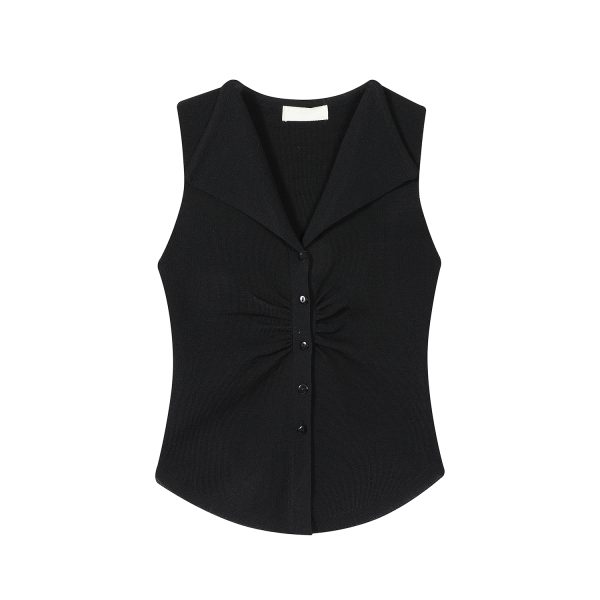Pumpkin-Colored Sleeveless Knitted T-Shirt with Fitted Waist and Pleated Vest Detail for Women - Perfect for Fall Fashion