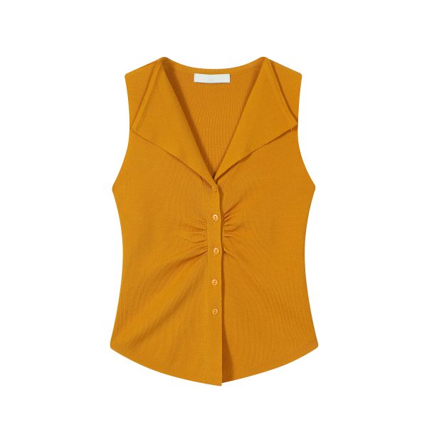 Pumpkin-Colored Sleeveless Knitted T-Shirt with Fitted Waist and Pleated Vest Detail for Women - Perfect for Fall Fashion