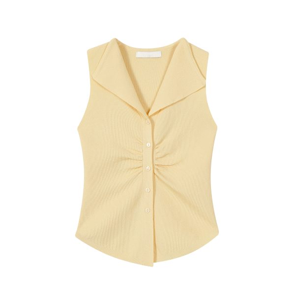 Pumpkin-Colored Sleeveless Knitted T-Shirt with Fitted Waist and Pleated Vest Detail for Women - Perfect for Fall Fashion
