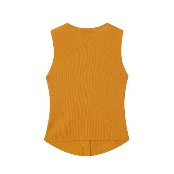 Pumpkin-Colored Sleeveless Knitted T-Shirt with Fitted Waist and Pleated Vest Detail for Women - Perfect for Fall Fashion