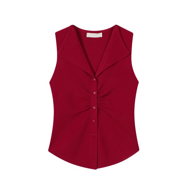 Pumpkin-Colored Sleeveless Knitted T-Shirt with Fitted Waist and Pleated Vest Detail for Women - Perfect for Fall Fashion