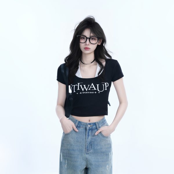 Pure Desire Style Neck Hanging Strap Short Sleeve T-Shirt for Women - Faux Two-Piece Slim Fit Top, Perfect for Y2K and Casual Wear
