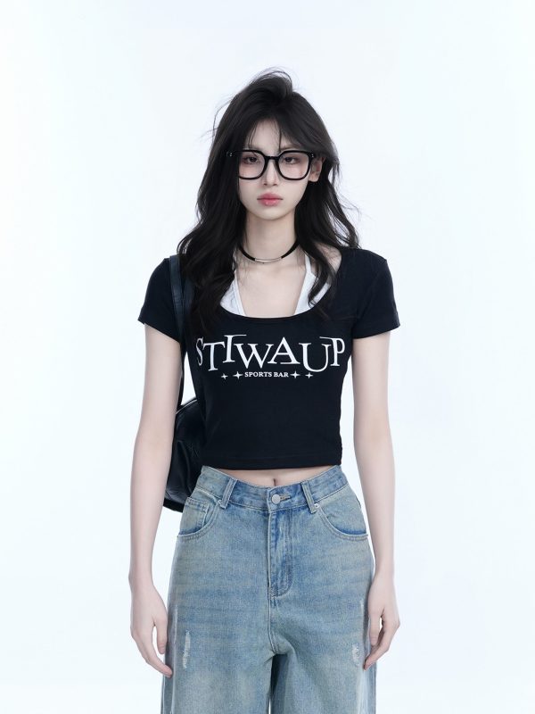Pure Desire Style Neck Hanging Strap Short Sleeve T-Shirt for Women - Faux Two-Piece Slim Fit Top, Perfect for Y2K and Casual Wear