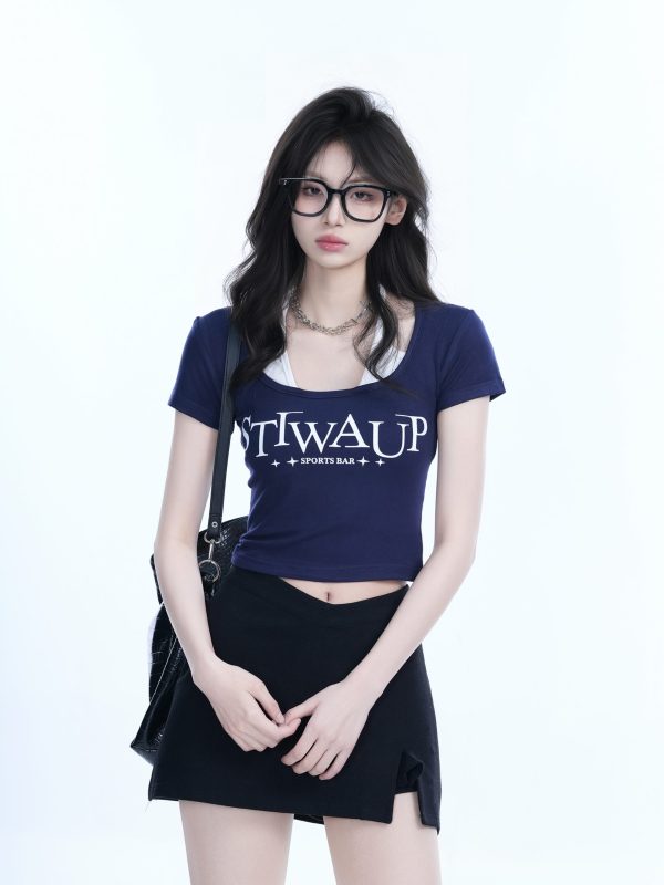 Pure Desire Style Neck Hanging Strap Short Sleeve T-Shirt for Women - Faux Two-Piece Slim Fit Top, Perfect for Y2K and Casual Wear