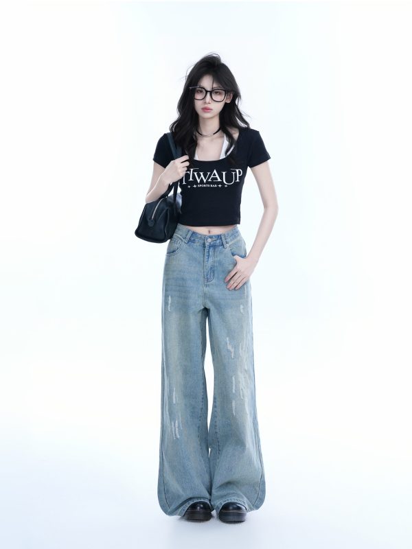 Pure Desire Style Neck Hanging Strap Short Sleeve T-Shirt for Women - Faux Two-Piece Slim Fit Top, Perfect for Y2K and Casual Wear