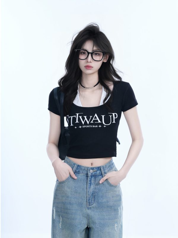Pure Desire Style Neck Hanging Strap Short Sleeve T-Shirt for Women - Faux Two-Piece Slim Fit Top, Perfect for Y2K and Casual Wear