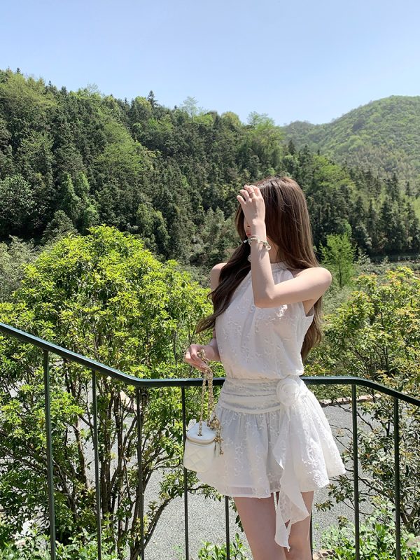 Pure White Magnolia Halter Neck Dress - Summer Waist-Defined French Sleeveless Short Dress for Effortless Chic Style